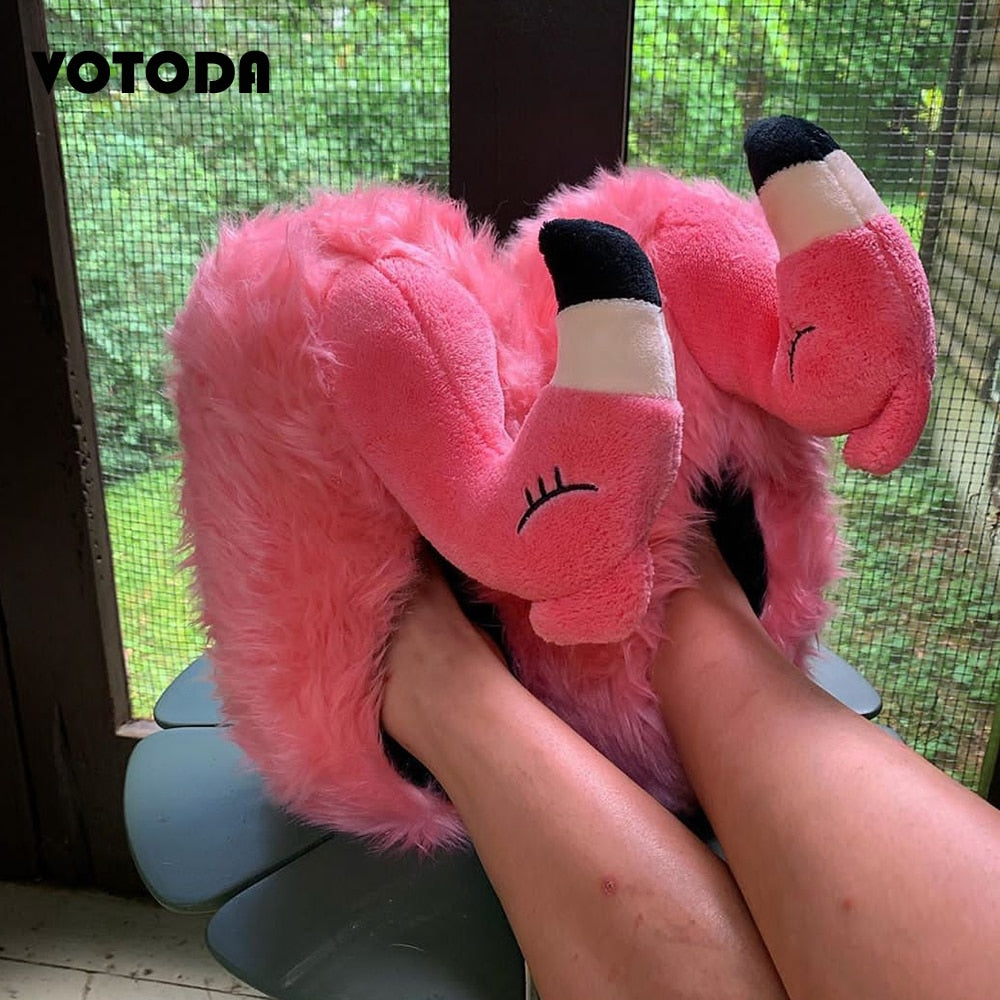 Cute Pink Flamingo Soft Fur Indoor Cover Heel Slip On Slippers Shoes