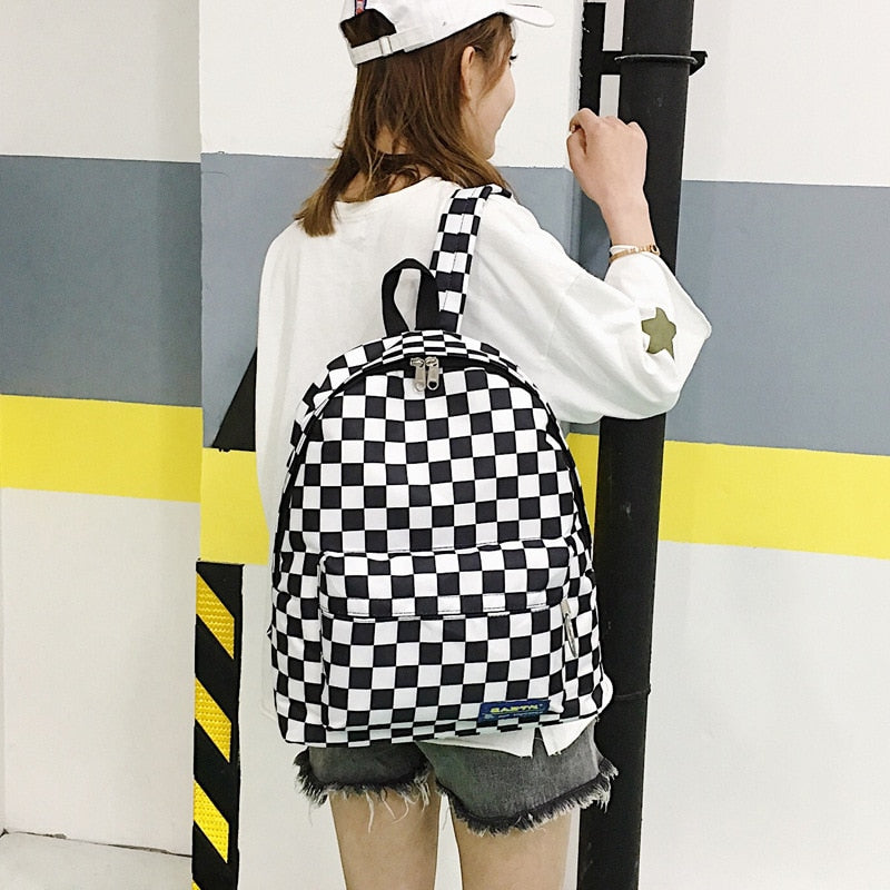 Black/White Plaid Nylon Backpack School Bag for Teenage Girl