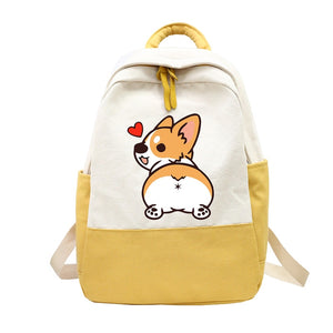Cute Cartoon Corgi Two Tone Canvas School Bag Backpack For Teenage Girl