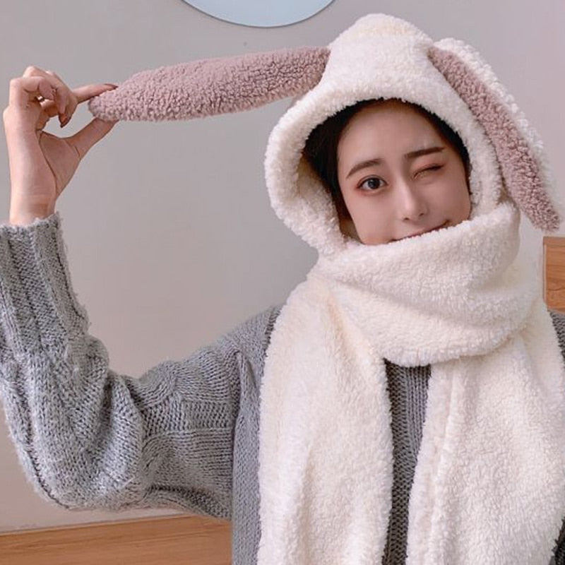 Cute Bunny Long Ear 3 in 1 Plush Warm Hat Scarf Gloves