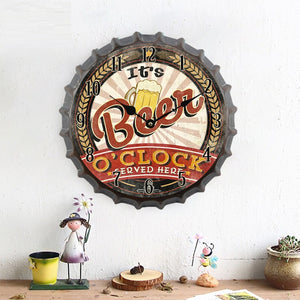 Classic Retro Beer Bottle Cap 3D Iron Metal Silent Quartz Wall Clock Bar Decoration