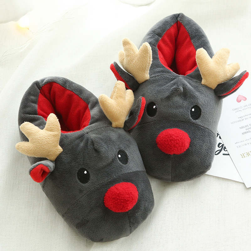 Gray Reindeer Red Nose Soft Plush Cotton Indoor Slippers