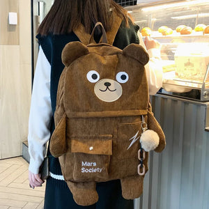 Cute Bear Corduroy Multi-pockets School Bag Backpack for Teenage Girls