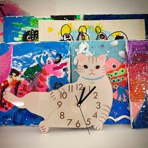Cartoon White Calico Cat Children's Room Wall Clock