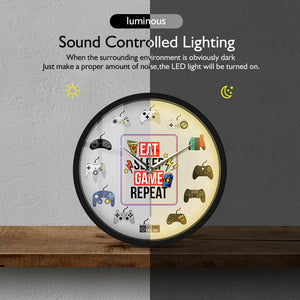 Game Controllers Eat Sleep Game Repeat Metal Frame LED Light Wall Clock For Gamer