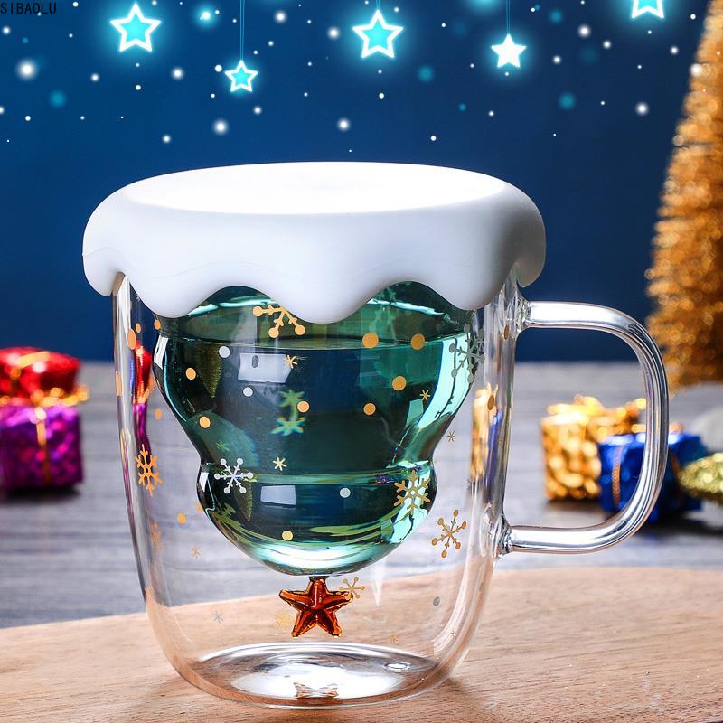 Christmas Tree Glass Mug Creative Xmas Double Wall Anti-scalding