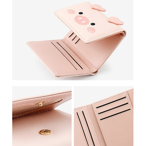 Cartoon Piglet Face Trifold Leather Purse Short Wallet for Girls