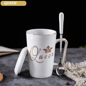 2 Pcs/Set King & Queen Couple Cup Ceramic Mug With lid an Spoon Valentine's Day Wedding Birthday Gift