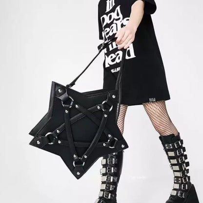 Gothic Pentagram Star Shape Bag Black Leather Handbag