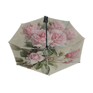 Vintage Pink Rose Floral Print Three Folding Portable Automatic Umbrella
