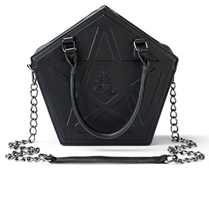 Gothic Star Pentagram Shape Black Leather Handbag Shoulder Bag