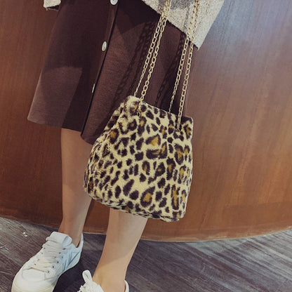 Leopard Faux Fur Bucket Purse Shoulder Bag