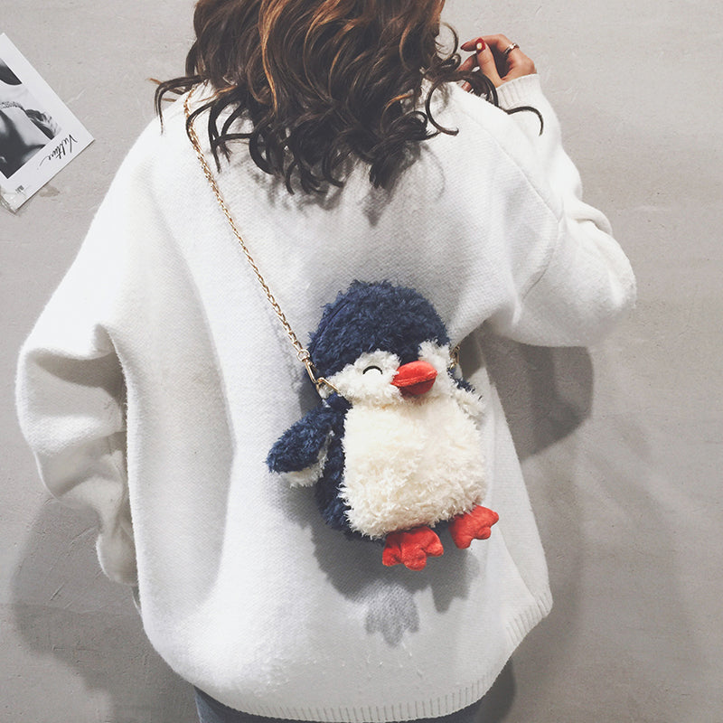 Super Cute Fluffy Penguin Soft Plush Doll Shoulder Bag