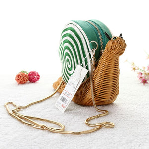 Green Snail Shape Rattan Straw Woven Shoulder Bag Handbag