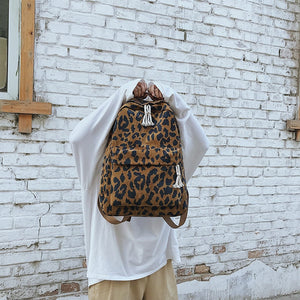 Brown Leopard Print Corduroy Dual Straps Backpack School Bag