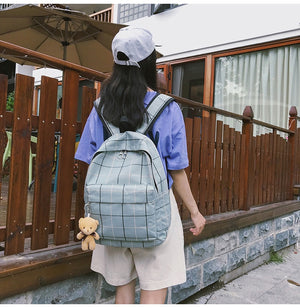 Lovely Small Plaid Canvas Backpack Student Bag for Teenage Girls