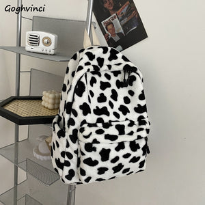 Fluffy Cow Pattern Soft Handle Women Plush Backpack School Bag