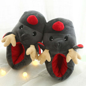Gray Reindeer Red Nose Soft Plush Cotton Indoor Slippers