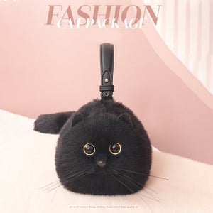 Cute Lifelike Black Cat Shape Soft Fur Handbag Shoulder Bag