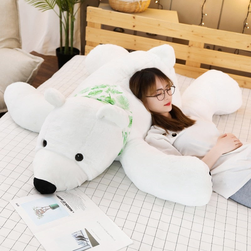 Cute Giant White Polar Bear Lying Plush Stuffed Long Pillow Doll