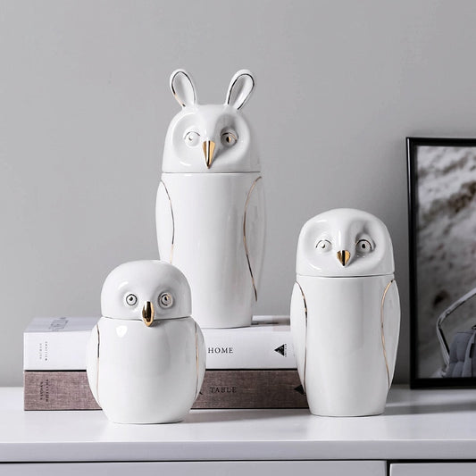 White Ceramics Owl Candy Storage Home Decoration Statue