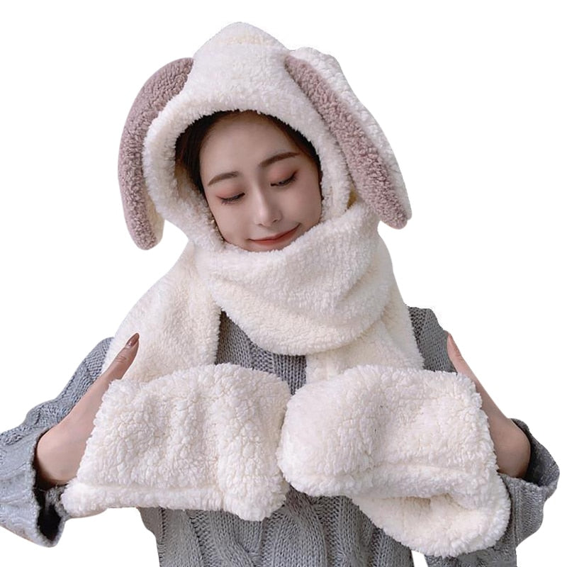 Cute Bunny Long Ear 3 in 1 Plush Warm Hat Scarf Gloves