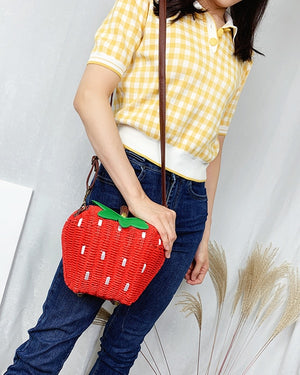 Red Strawberry Rattan Straw Weave Purse Shoulder Bag