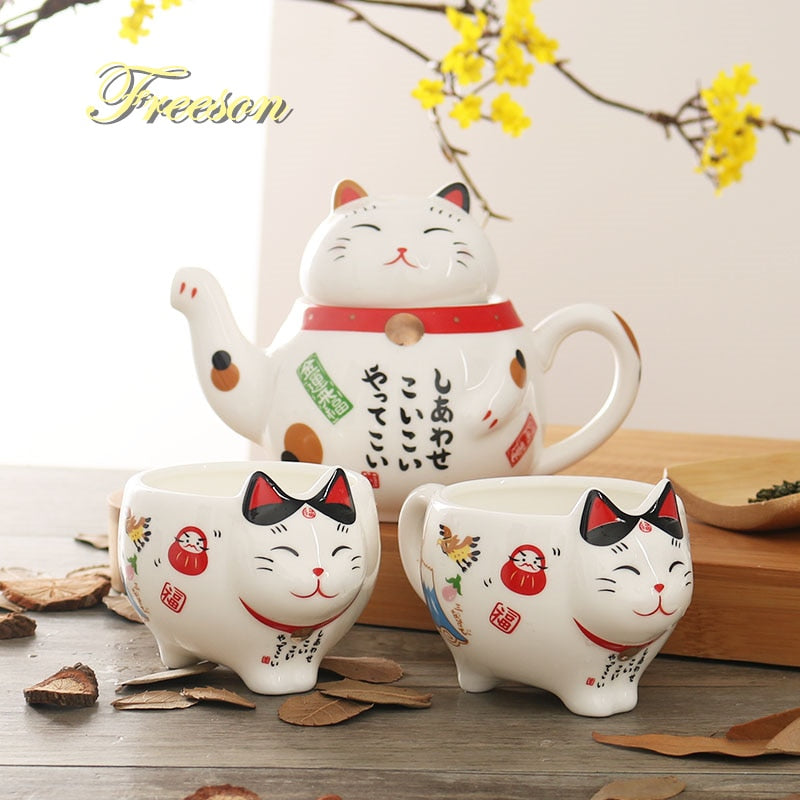 Cute Lucky Cat Ceramic Coffee Mug Cup Teapot Set