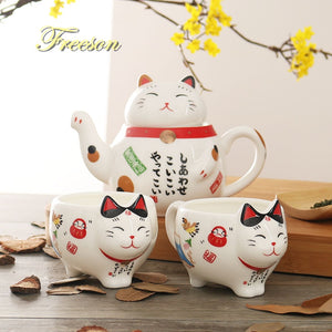 Cute Lucky Cat Ceramic Coffee Mug Cup Teapot Set