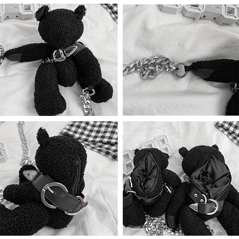 Black Bear Doll Rock Style Plush Wool Handbag Shoulder Bag