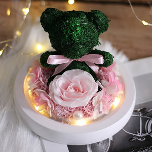 Teddy Bear Rose Flowers In Glass Dome Home Decoration Gifts