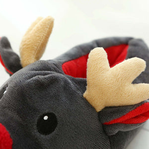 Gray Reindeer Red Nose Soft Plush Cotton Indoor Slippers