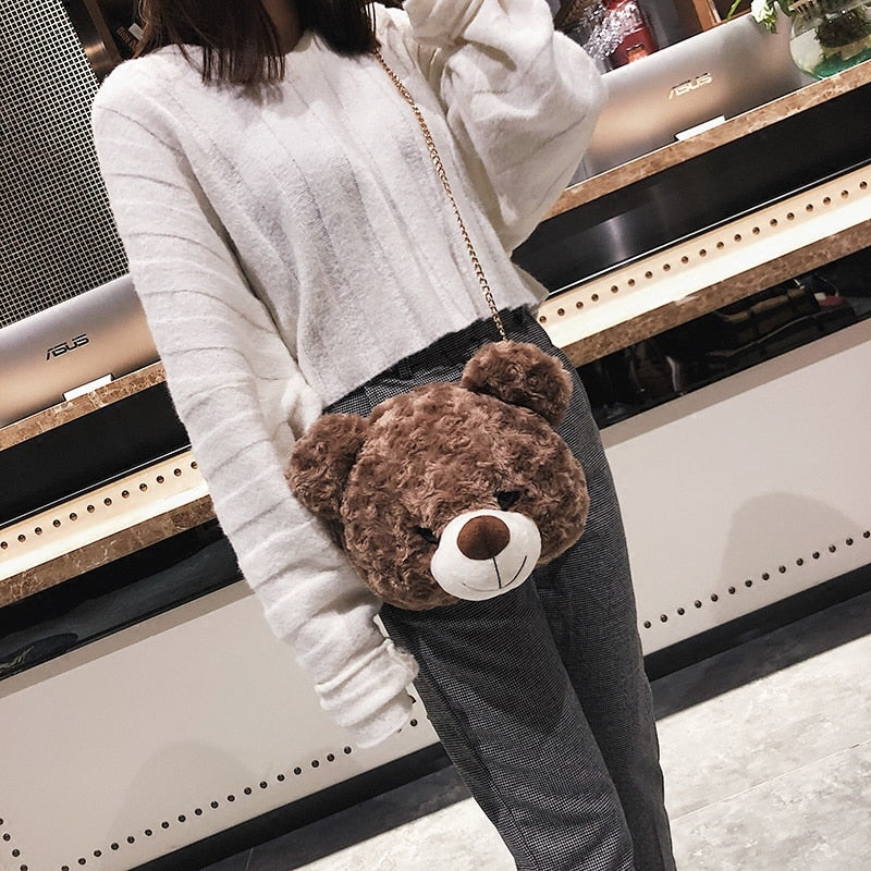 Cartoon Teddy Bear Face Mini Pouch Flap Shoulder Bag Handbag
