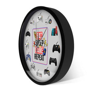 Game Controllers Eat Sleep Game Repeat Metal Frame LED Light Wall Clock For Gamer