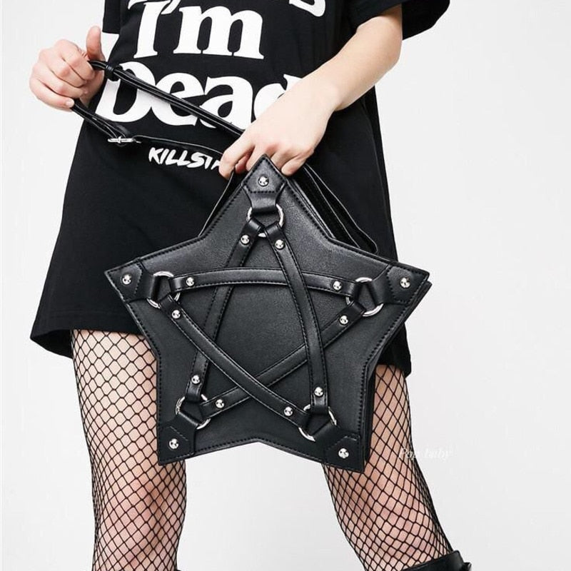 Gothic Pentagram Star Shape Bag Black Leather Handbag