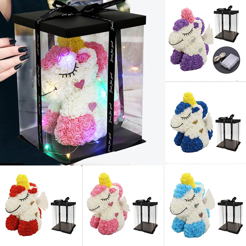 Lovely Unicorn Rose Flower with LED Doll Wedding Valentine's Day Gifts