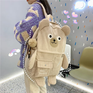 Cute Teddy Bear Embroidery Corduroy Multi Pocket Backpack School Bag