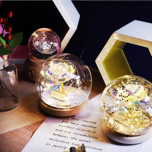 Beautiful Artificial Eternal Rose LED Fairy String Light in Glass Dome Wooden Base