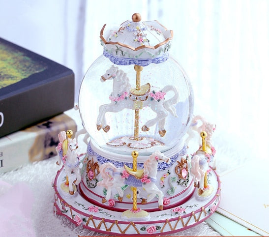 Luxury Carousel Crystal Ball Resin Crafts Music Box with LED Light