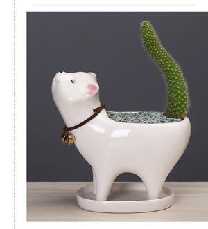 Cute Cat Flower Cactus Plant Bonsai Ceramic Pot With Base Table Decor