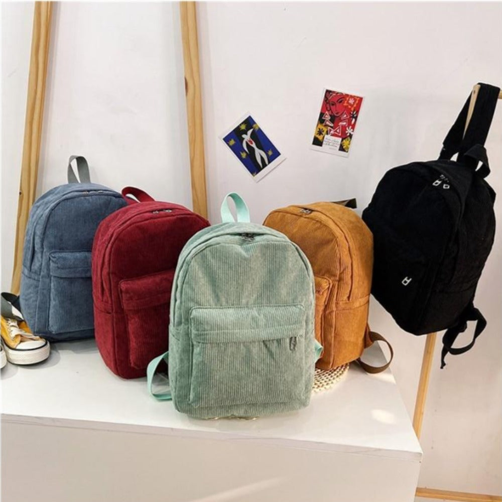 Retro Solid Color Corduroy Backpack Bookbag