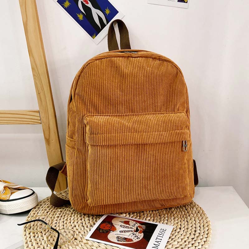 Retro Solid Color Corduroy Backpack Bookbag