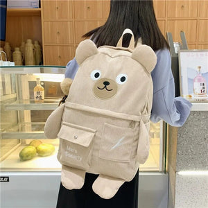 Cute Bear Corduroy Multi-pockets School Bag Backpack for Teenage Girls