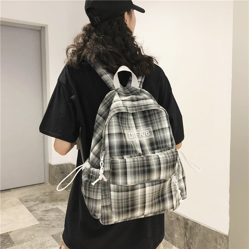 Plaid Lattice Cotton Fabric College School Backpack