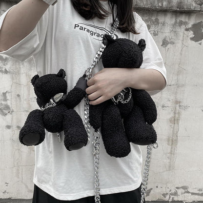 Black Bear Doll Rock Style Plush Wool Handbag Shoulder Bag