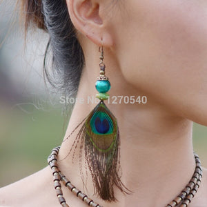 Boho Peacock Feather Long Earrings