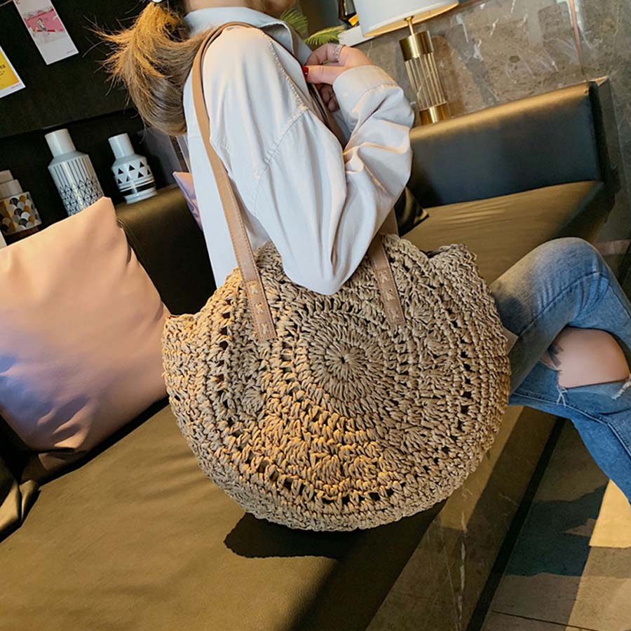 Bohemian Rattan Straw Round  Totes Bags Handbags Large Capacity