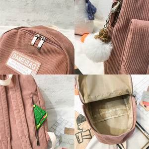 Cute Luxury Corduroy Stripe Backpack School Bag for Teenage Girl