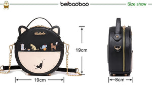 Cute Cat Embroidery Circle with Ears Leather Shoulder Bag Handbag