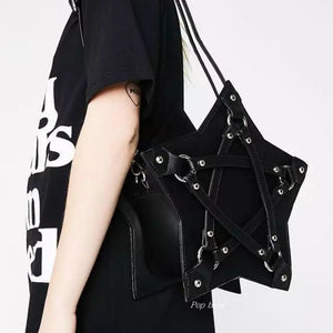 Gothic Pentagram Star Shape Bag Black Leather Handbag